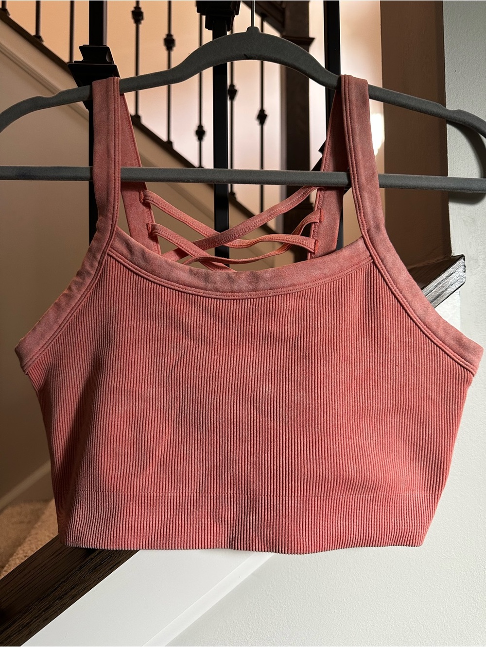 Yogalicious Ribbed Strappy Sports Bra in Coral Pink